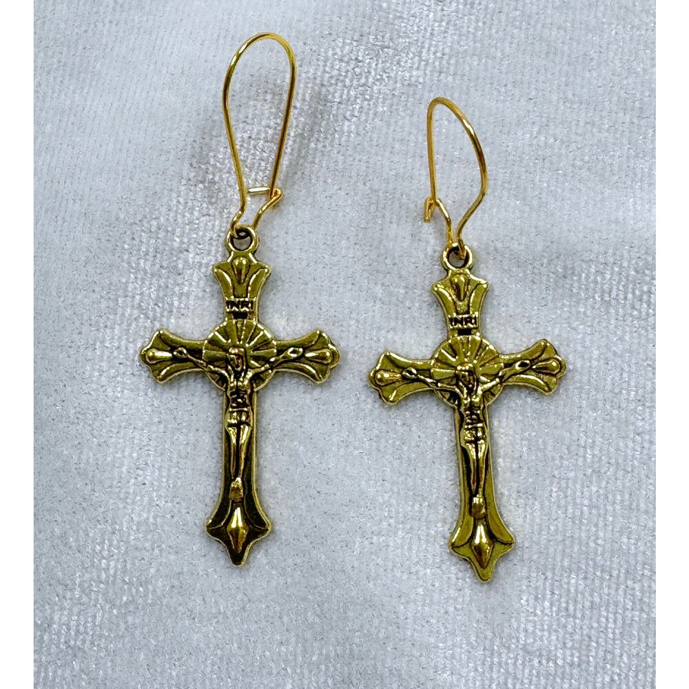 Fashion Gold Crucifix Cross Dangle Earrings Christian Religious 2.5" E285